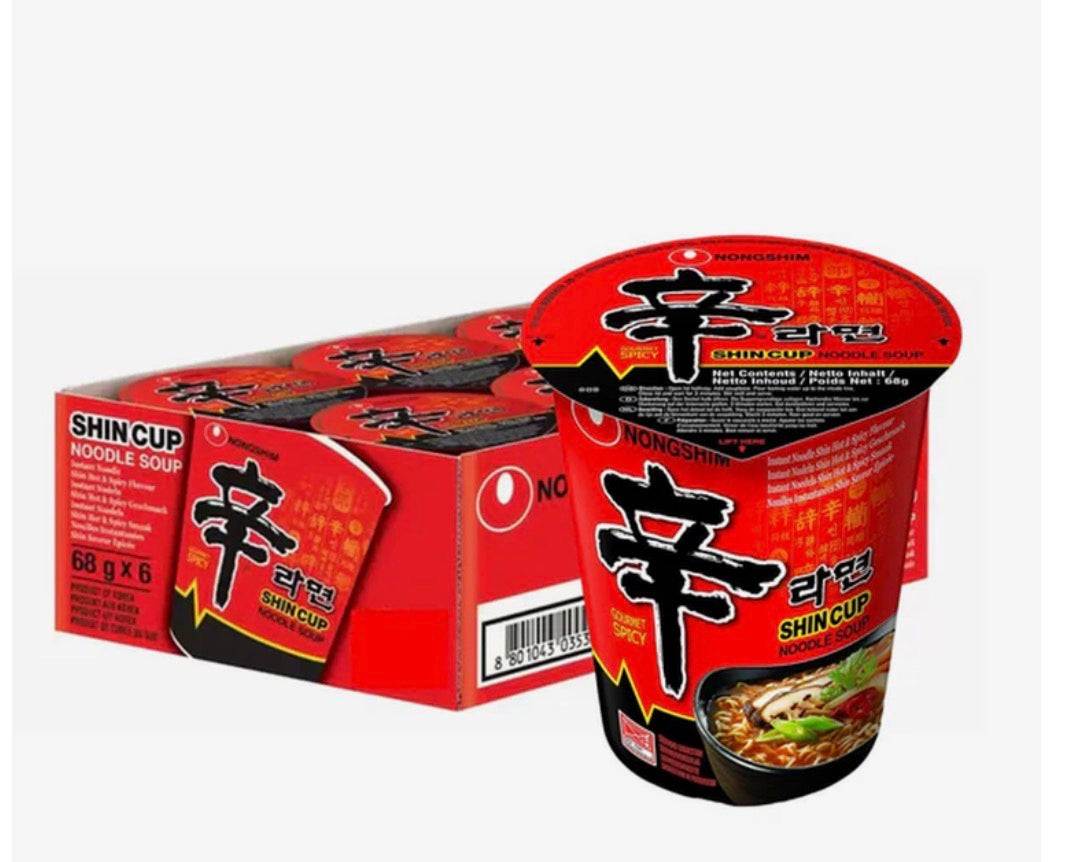 Nongshim Shin Cup Spicy Noodle 68g x 6. Bold, Fiery Korean Flavour — Multipack of 6