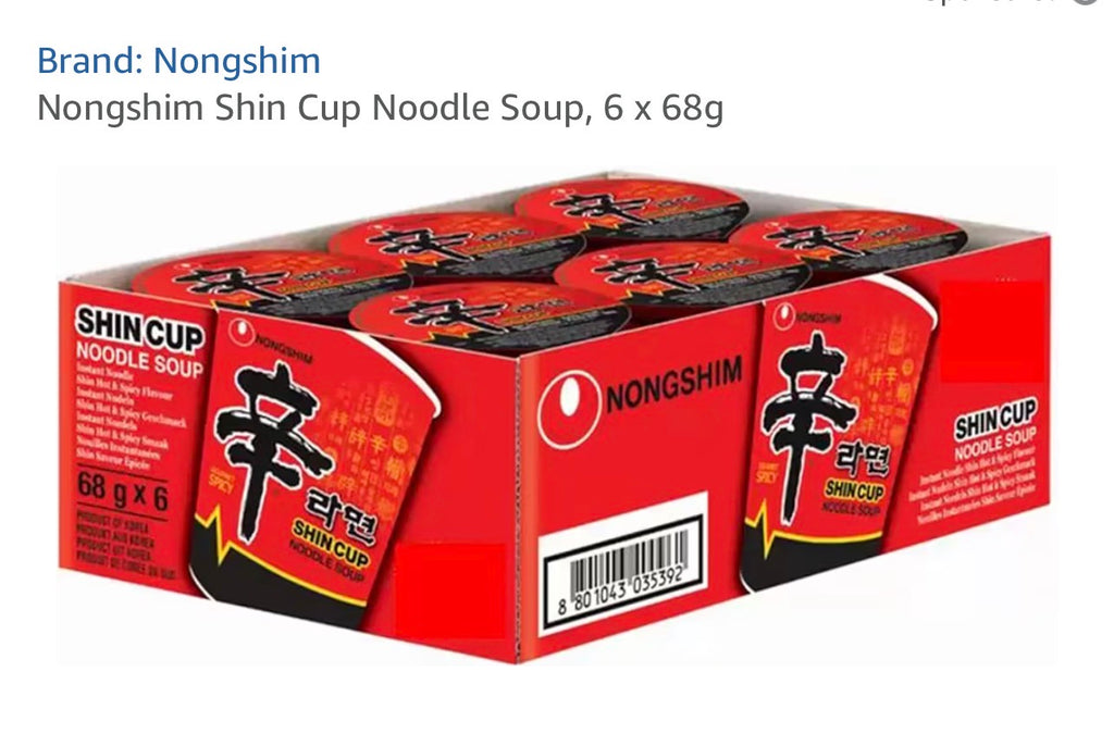 Nongshim Shin Cup Spicy Noodle 68g x 6. Bold, Fiery Korean Flavour — Multipack of 6